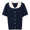 Plus Size Women's Short Sleeve Cable Knit Cardigan with Peter Pan Collar