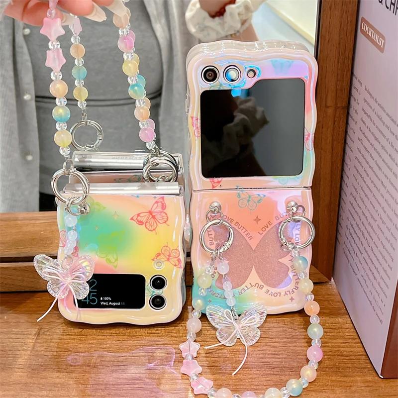 Bead Wrist Strap Phone Case for Samsung Galaxy Z Flip 5 4 3 Flip5 Flip4 Flip3 5G Colorful Bling Glitter Butterfly Pattern Cover