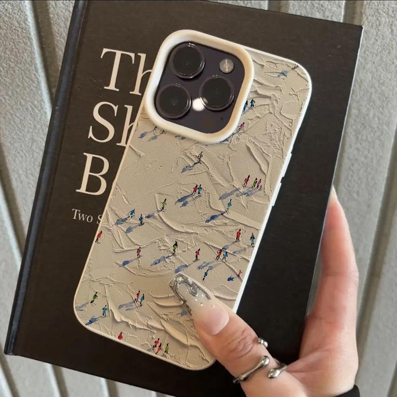 

Artistic Skiing Oil Painting Lychee Texture Phone Case For iPhone 17 16 15 14 13 12 11 Pro Max 14 Plus 17 Air X XS XR Soft Cover iPhone 15 Pro