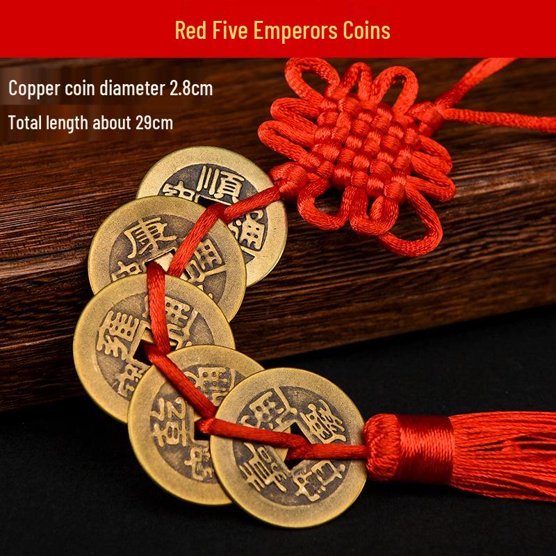 Pure Copper Chinese Lucky Knot Pendant with Five, Six, and Ten Emperor Coins - Door or Threshold Decoration.