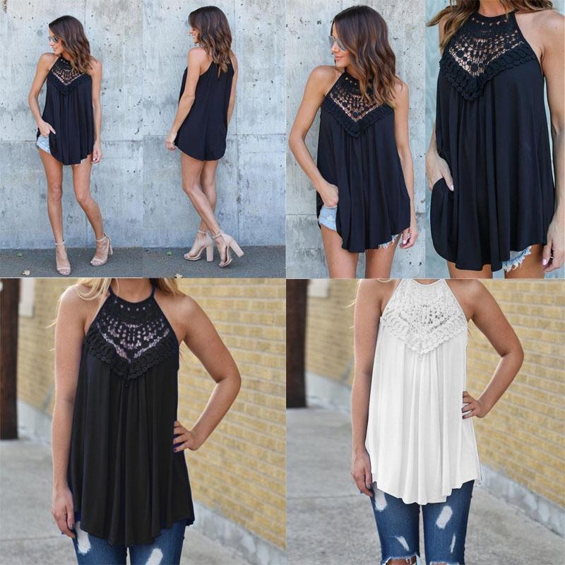 European Style Loose Fit Sleeveless Cotton T Shirt With Lace Splicing For Casual Women