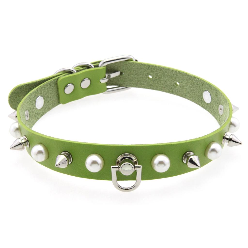 Alloy Spike D-ring Choker, Faux Pearl Rivet D Buckle Leather Clavicle Necklace