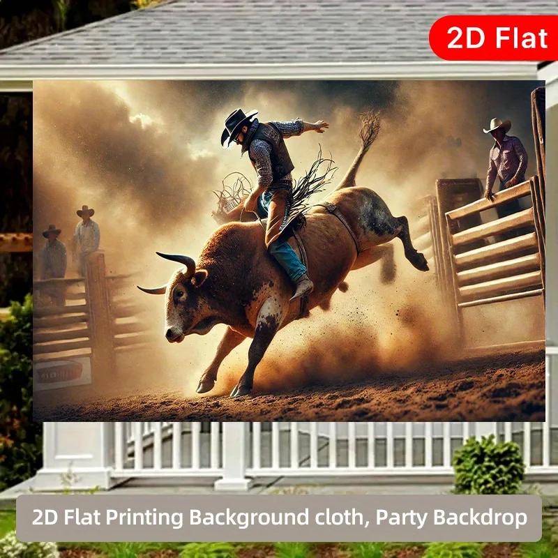 1 Piece of 2D Flat Banner, Cowboy Bull Riding Competition, Polyester Fiber Party Backdrop Fabricxy