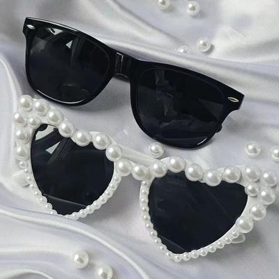 2 Stück Perlendekoration Liebe Großer Rahmen Y2K Retro-Stil Abschlussball Hochzeitsfeier Paar Sonnenbrillen Kombination für Männer und Frauen