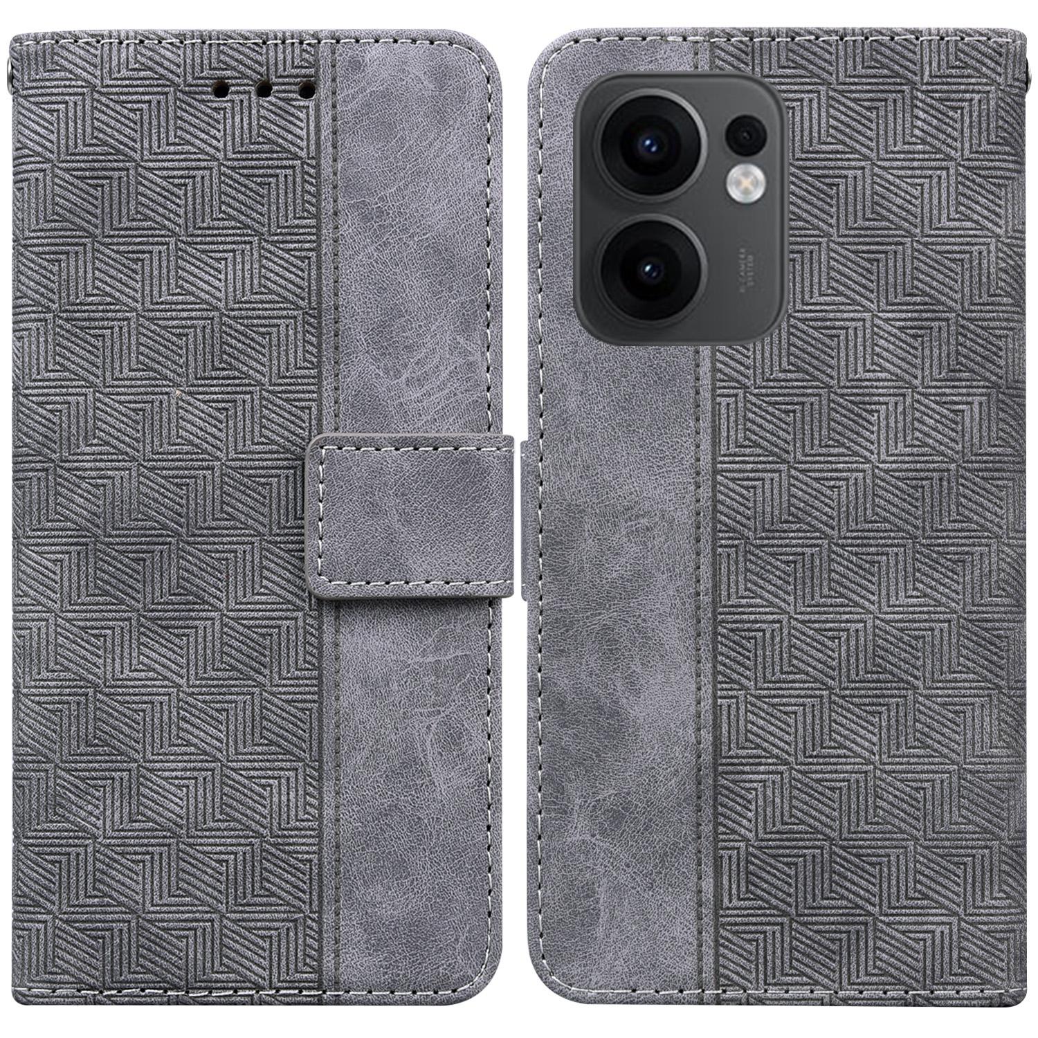 

For Oppo Reno13 F 5G (Reno 13 FS 5G)/4G Case Geometry Pattern Leather Wallet Phone Cover with Wrist Strap F