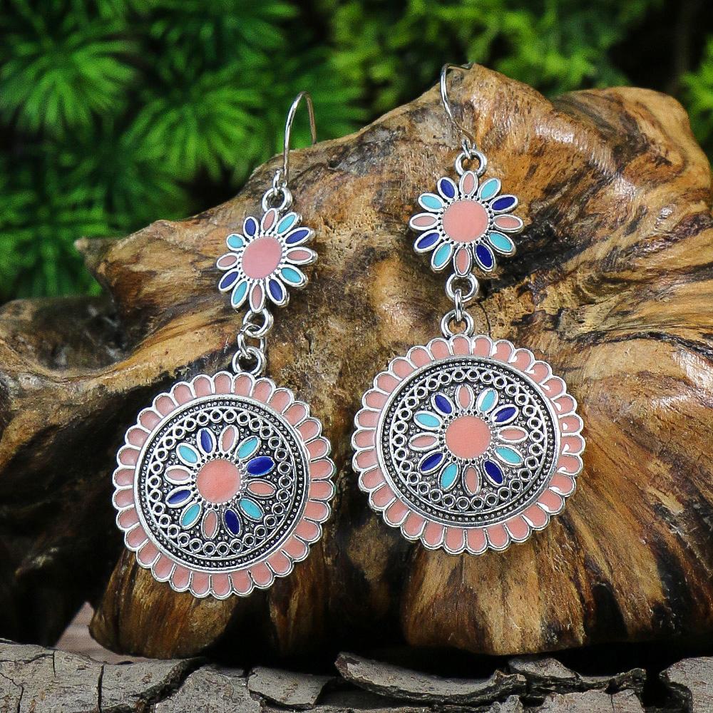 Bohemian Fashion Earrings Alloy Oil Drop Vintage Geometric Round Turquoise Inlaid Exquisite Dot Zircon Ear Zircon Wholesale