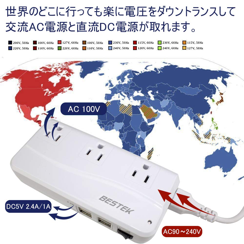 Bestec Travel Transformer, 90V-240V to 100V, 3 AC Outlets + 4 USB Ports, Compatible with A, B, BF, C, O, O2, B3, and SE Plugs, MRJ201GU-WH
