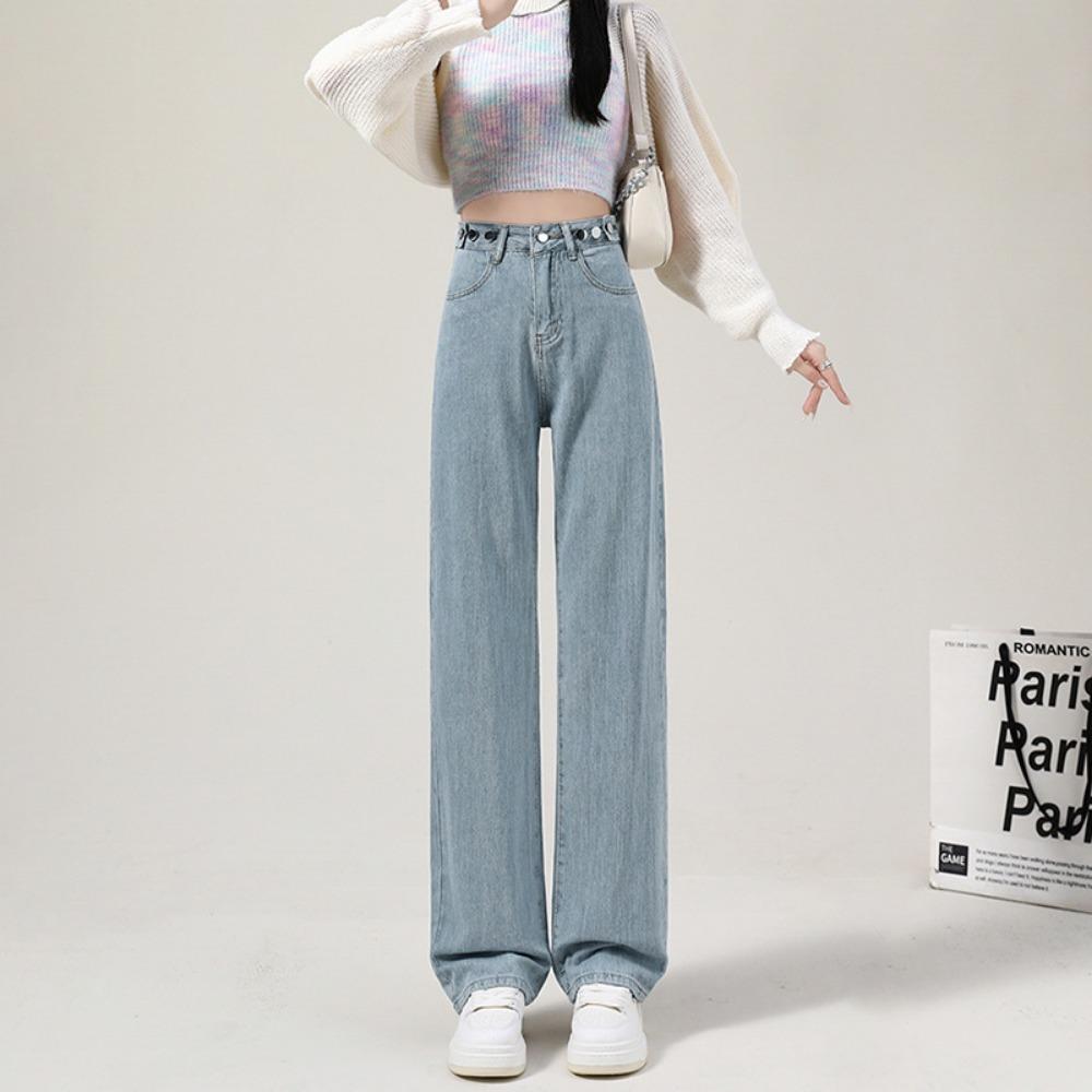 Autumn and Winter Denim Wide-leg Pants Women's High Waist Adjustable Loose and Thin New Design Straight Mopping Pants