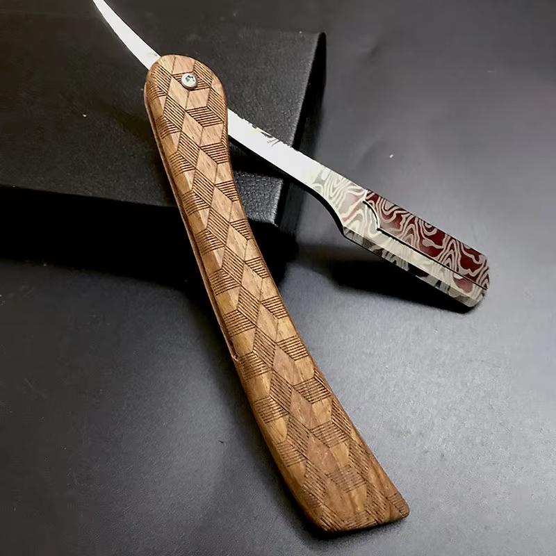 Tan Wood Handle Shaving Razor Professional Barber Shaver with Replaceable Blades Mens Eyebrow Razor Gift