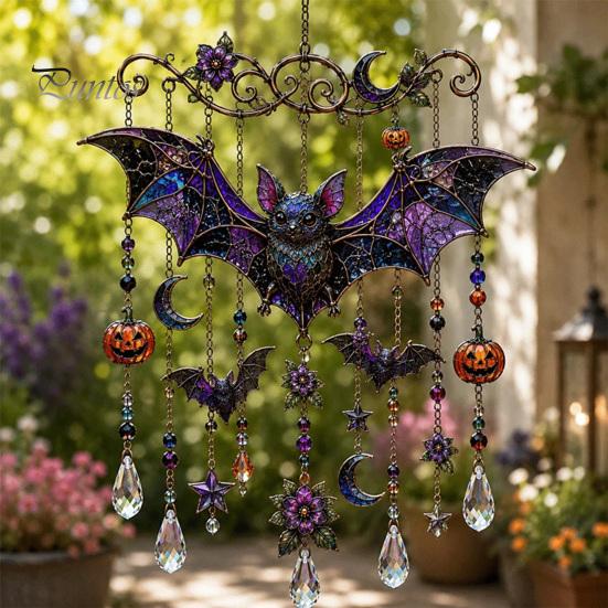 Whimsical Bat And Black Cat Decor Halloween Acrylic Wind Chime Pendant, Crystal Suncatcher Hanging Ornaments, Decorative Chimes Outdoor Window