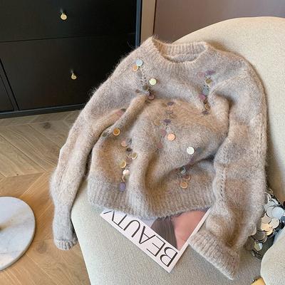 Gentle Wind Heavy Industry Sequined Crew Neck Sweater Women's Autumn and Winter Lazy Loose Soft Waxy Pullover Knitted Sweater