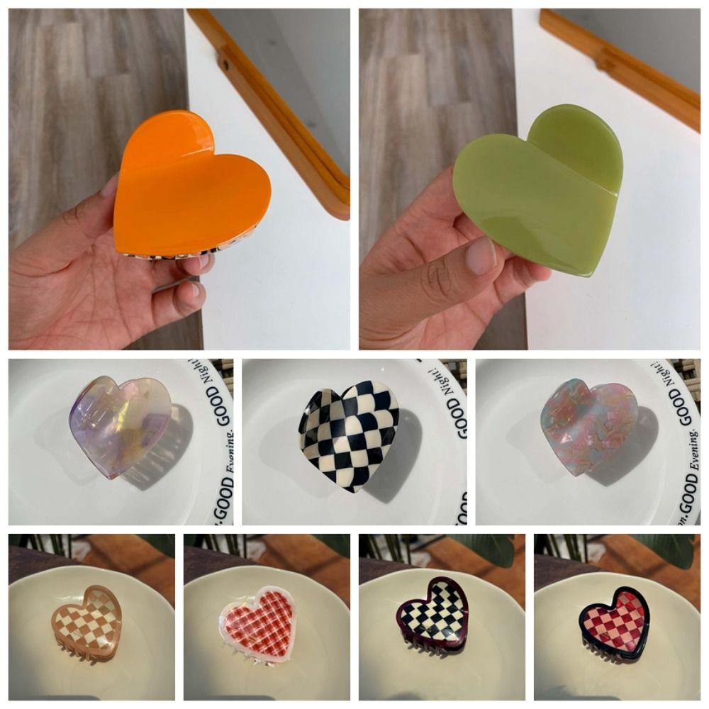 Korean Style Acetic Acid Hair Claw Elegant Plaid Hair Claw Hair Accessories Heart Shark Clip  Gifts