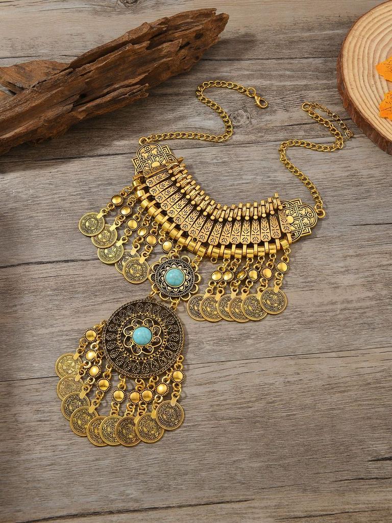 Classic Gold Silver Finish Coin Tassel Necklace With Geometric Pendant For Festival Wear