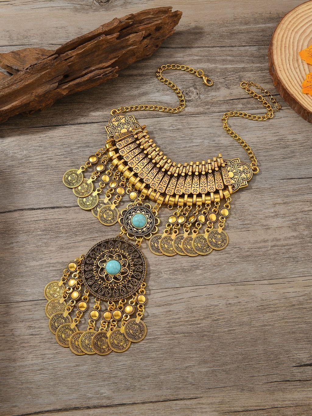 Classic Gold Silver Finish Coin Tassel Necklace With Geometric Pendant For Festival Wear золотой