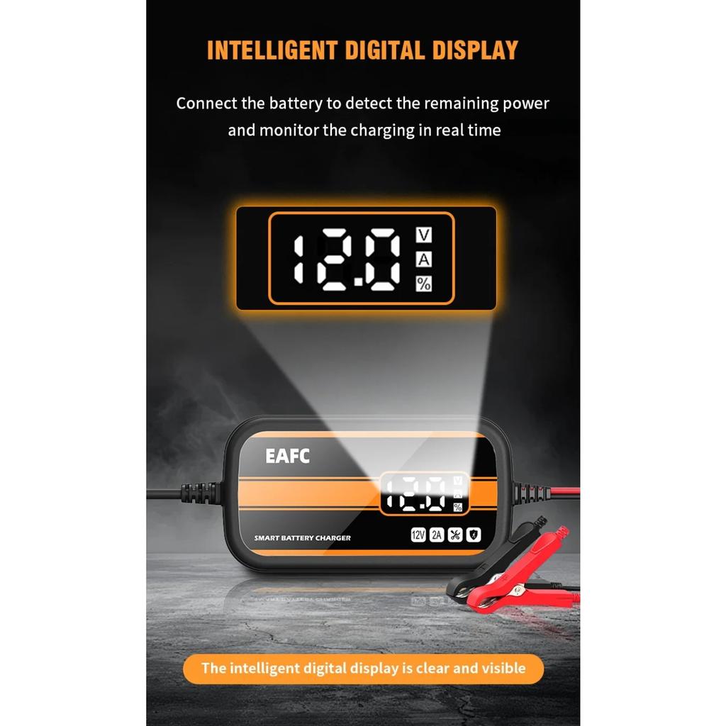 Chargeur de Batterie de Voiture 12V 2A Portable avec Affichage Numérique Charge Rapide Accessoires de Voiture Outil de Réparation d'Impulsion pour Moto Camion Auto