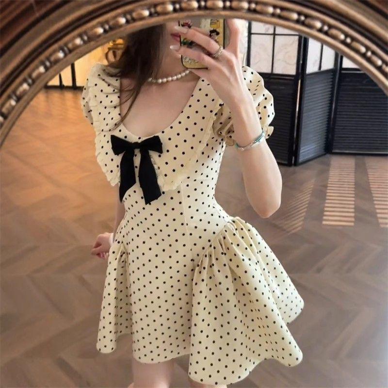 Women's French Aristocratic Polka Dot A-line Dress - Short Sleeve, Waist-Cinched, Summer Slimming & Stylish New Arrival