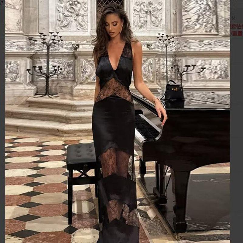 Za Autumn New Women's Clothing Fashion Style Lace Stitched Backless V Neck Hanging Collar Ribbon Dress Dress