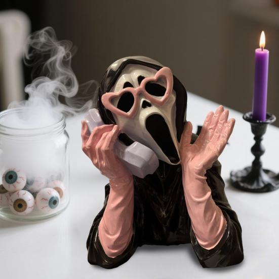 Screaming Ghost Figurine Halloween Ghost Face Statue Collectible Resin Horror Character Ornament for Mantel Cabinet Decoration