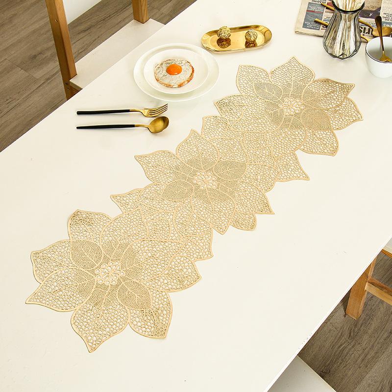 

Nordic Light Luxury PVC Table Flag Long Style Solid Color Bronzing Table Runner Creative Irregular Flowers Burlap Decoration золотий