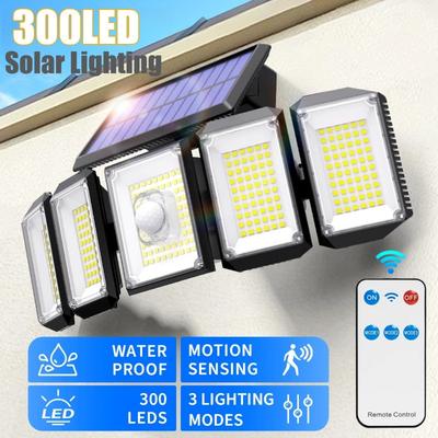 Lumières Solaires pour Usage Extérieur avec Détecteur de Mouvement, 300 LED Super Lumineuses avec Télécommande, 3 Modes IP65 Étanche pour Jardin