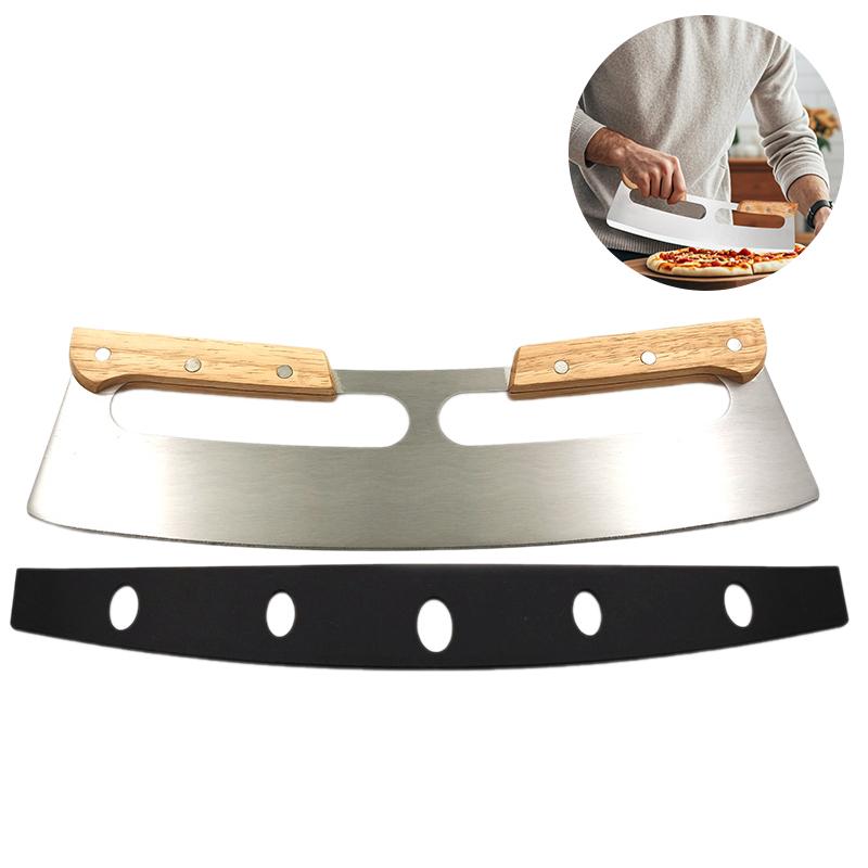 

14-дюймовый нож-рокер для пиццы с большой крышкой - Острый слайсер для пиццы из нержавеющей стали с деревянными ручками серебряный