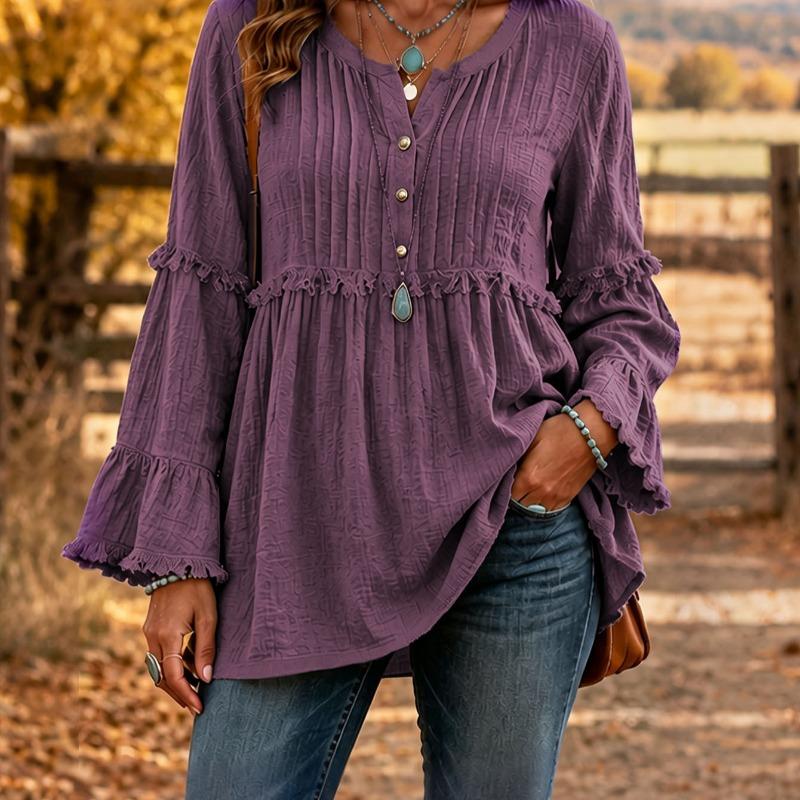 Women S Casual Loose V Neck Long Sleeve Blouse With Lace Trim