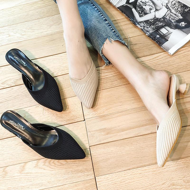 Fashion Stretch Polyester Shoes Woman Slippers Mules Med-High Heels 3D Fly Weave Slides Ladies Breathable Flipflops Women Wedges Sandals