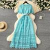 Spring Dress New French High-end Round Neck Short Sleeve Waist Hollow Crochet Lace Elegant Long Dress