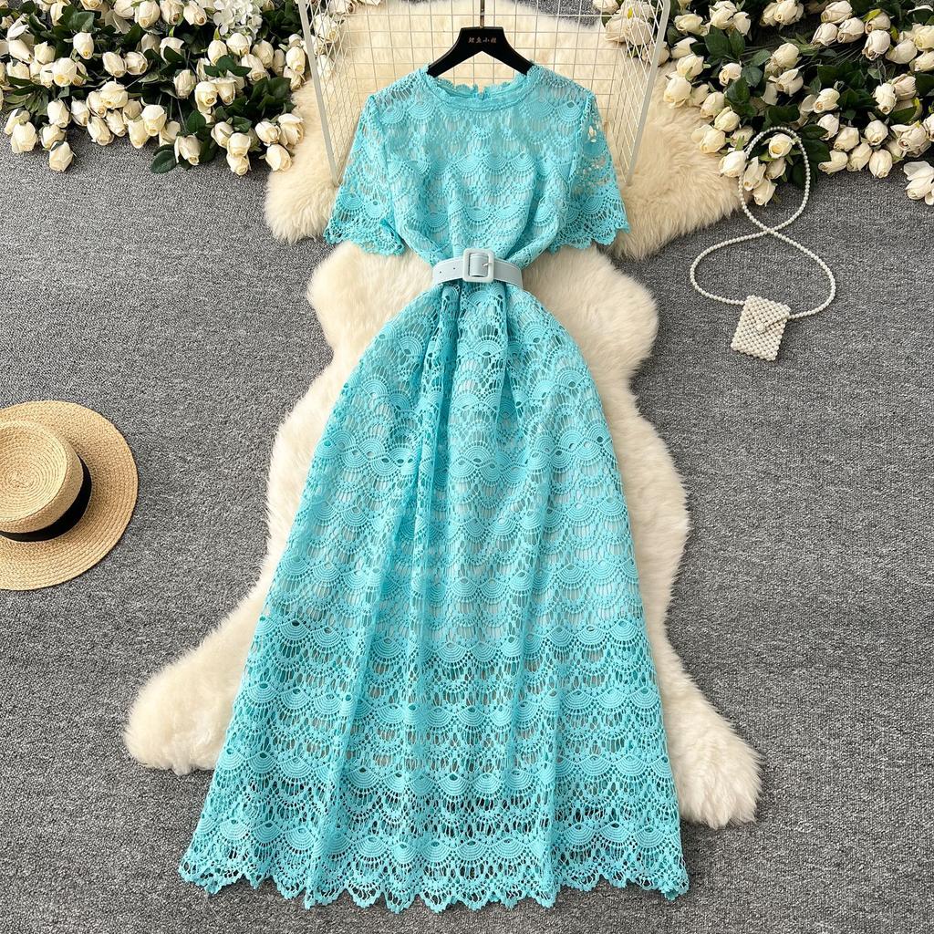 Spring Dress New French High-end Round Neck Short Sleeve Waist Hollow Crochet Lace Elegant Long Dress