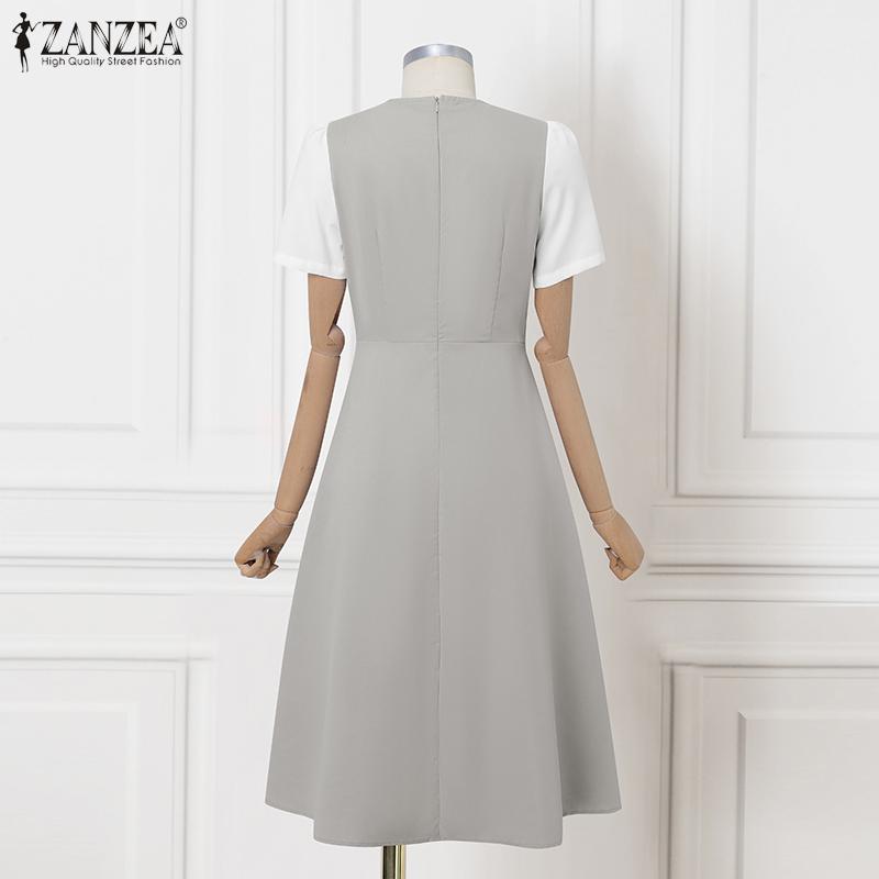 ZANZEA Women Casual Round Neck Short Sleeve Patchwork Dress Summer