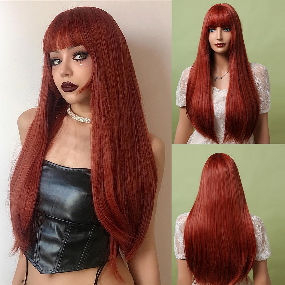 Lang Golvend Bordeaux Donkerrood Synthetisch Haar Pruiken met Pluizige Pony voor Vrouwen Wijnrood Body Wave Halloween Cosplay Natuurlijke pruik