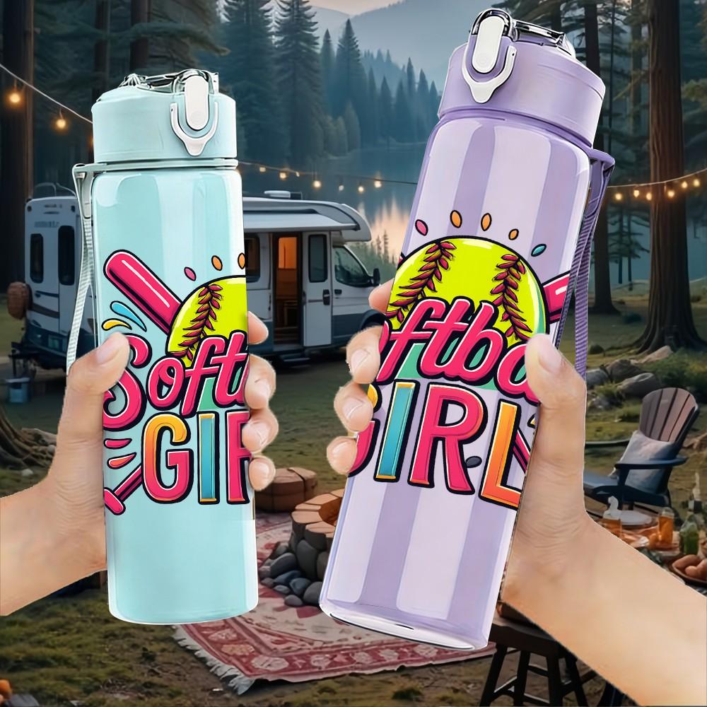 1PC Softball Girl Letter Design 750ml Color Plastic Sports Water Bottle Leakproof Flip Straw Lid Suitable for Sports Office Home Use