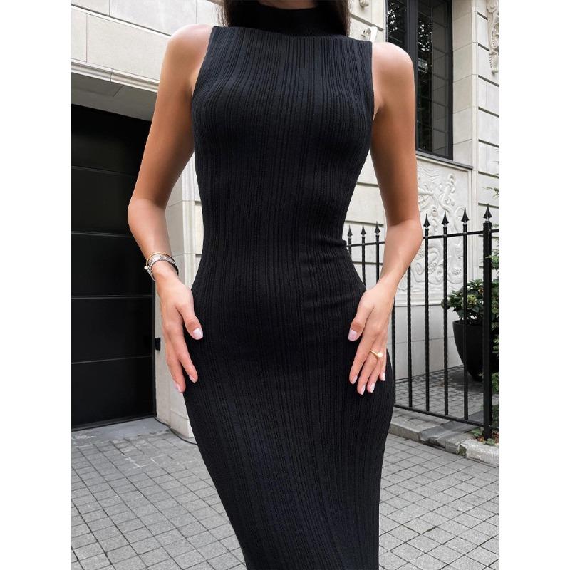 Knitted Turtleneck Sleeveless Tight Dress Summer Mid-length Dress Elegant French Dress Women