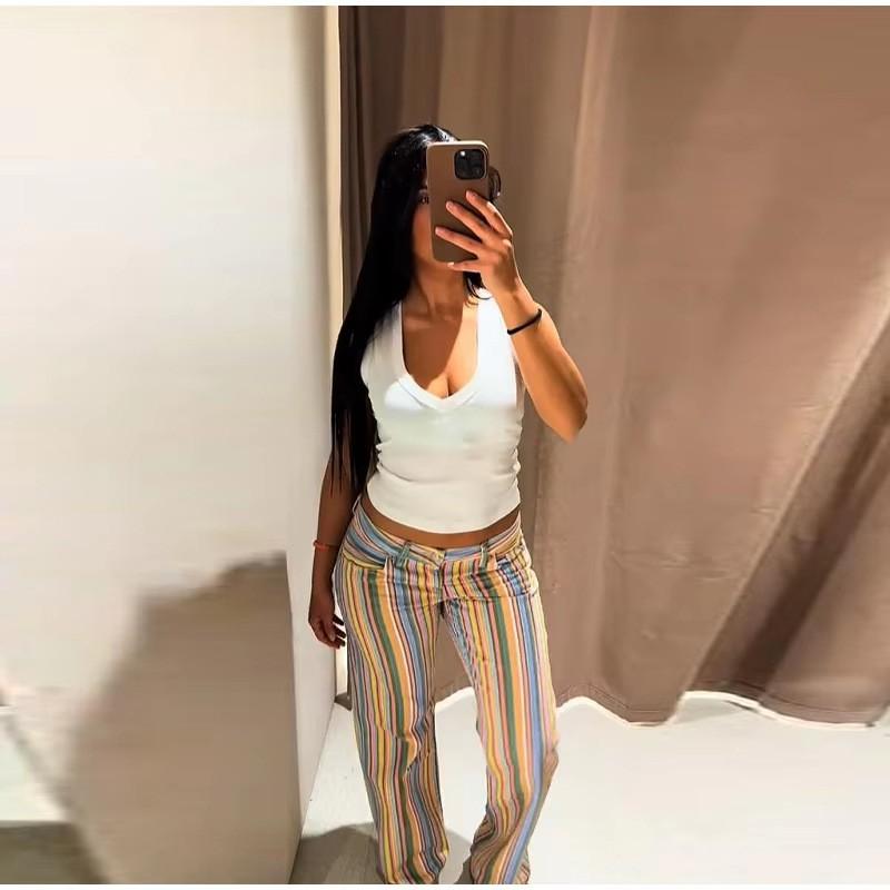 Y2K Low-Rise Straight Leg Denim Jeans Women Colorful Striped Design Casual Trendy Pant