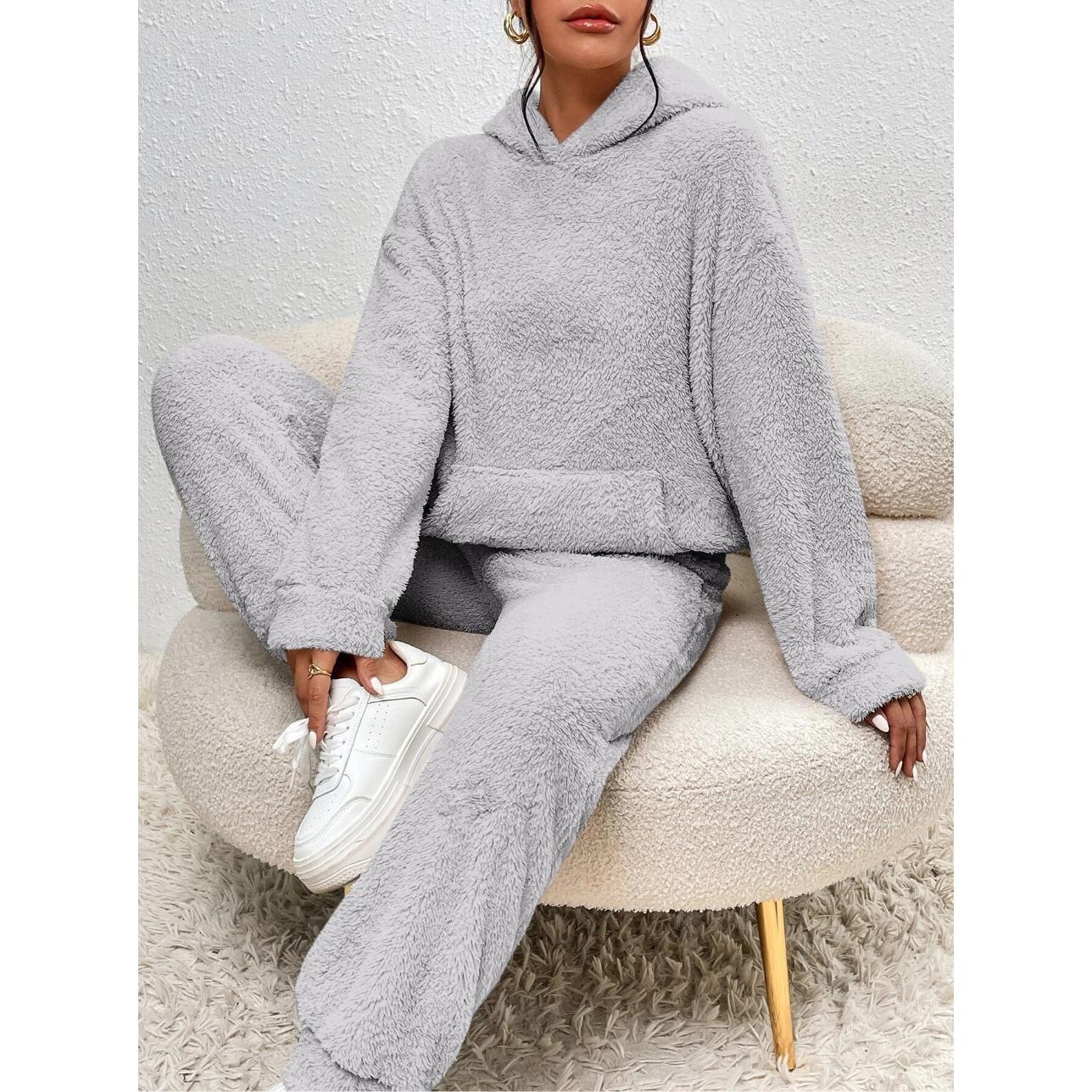 

Женский плюшевый костюм с капюшоном, повседневный костюм-двойка из толстовки с длинным рукавом и брюк S