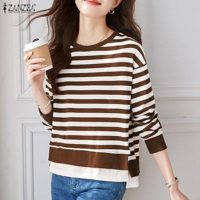 Damen Freizeit Rundhals Langarm Herbst Streifen Patchwork Bluse