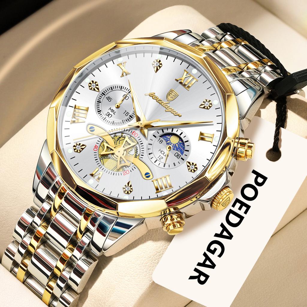 POEDAGAR Original Luxus Herrenuhr Wasserdicht Leuchtend Chronograph Armbanduhr Edelstahl Quarzuhren für Mann Reloj