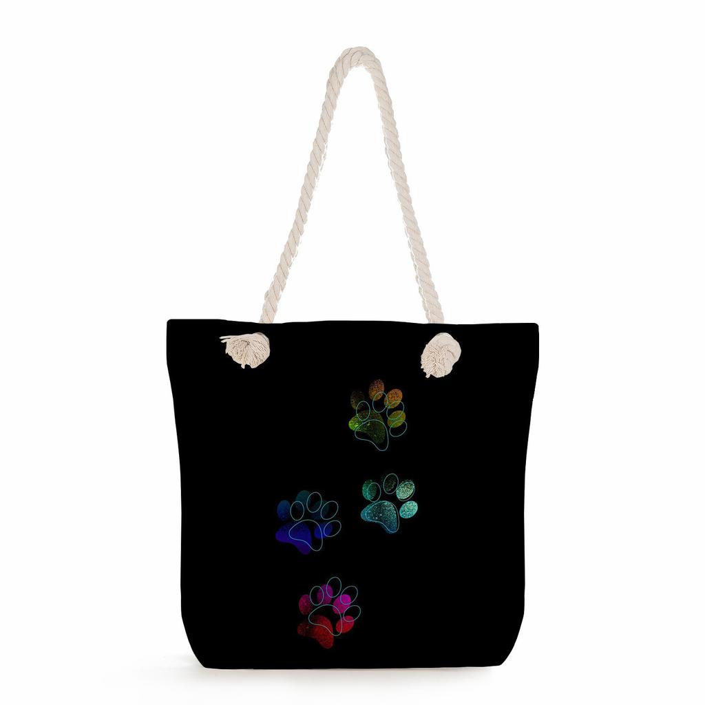 Multifunctional Dog Paws Printed Thick Rope Shoulder Beach Bag Casual Large Capacity Handbag 7601