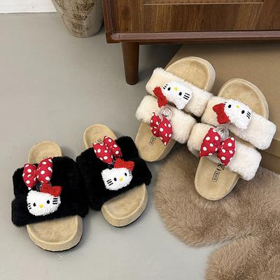Cute Cartoon KT Cat Thick Bottom One-word Drag Female 2025 New Autumn and Winter Outer Wear Non-slip Warm Lazy Hairy Drag