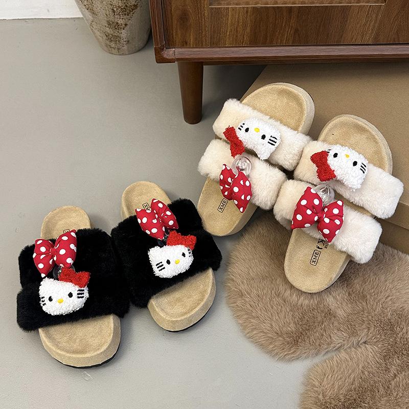Cute cartoon KT cat thick bottom one-word drag female 2025 new autumn and winter outer wear non-slip warm lazy hairy drag