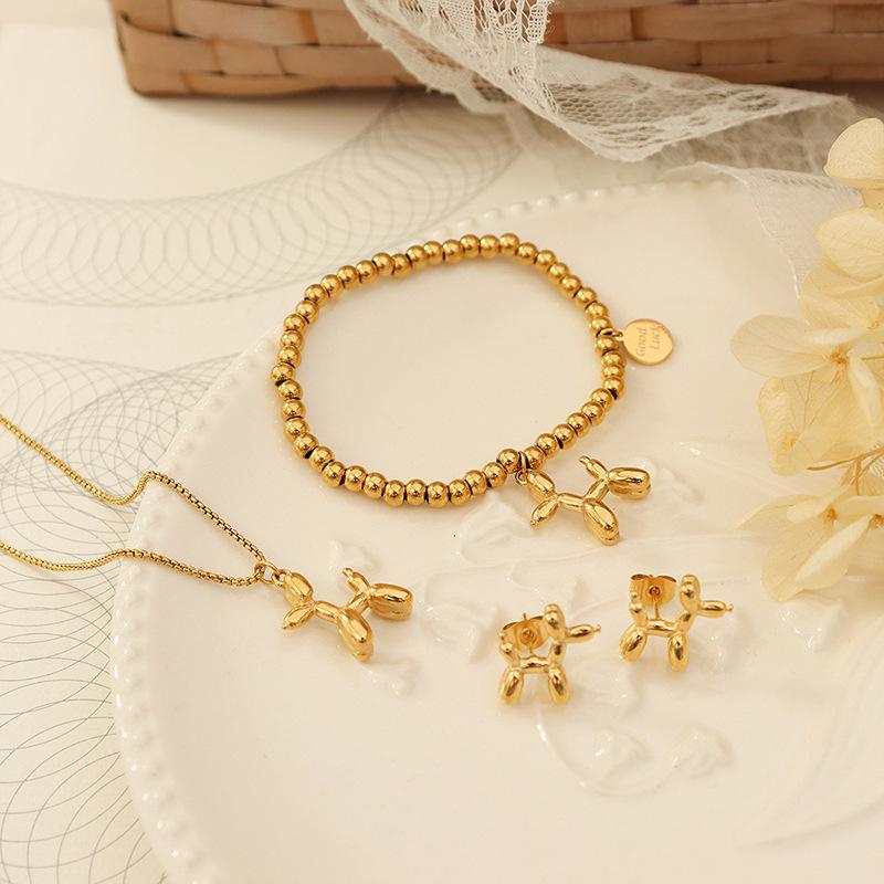 Cute Balloon Dog Clavicle Necklace & Earrings Set in Titanium Steel & 18K Gold