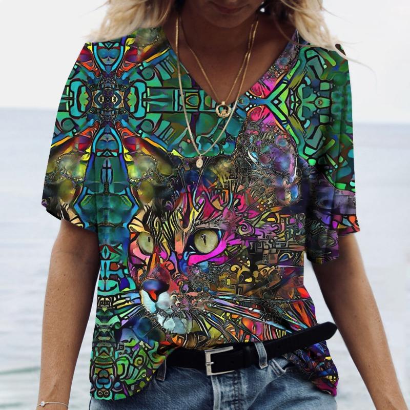 Trendy 3D T-shirt with Cartoon Cat Pattern Printed Women's T-shirt Short Sleeved 3D Printed Casual T-shirt