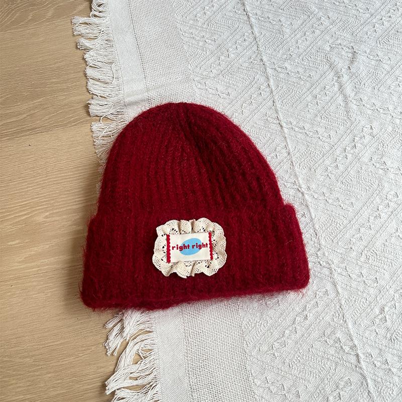 Label Knitted Hat Winter Thickened Warm Woolen Hat Fashion Versatile Lace Cloth Label Hat