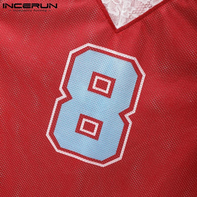 INCERUN Men Lace V Neck Sleeveless Letter Print Hollow Out Casual Tank Tops