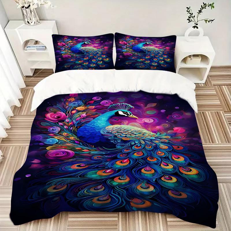3pcs Peacock Feather Duvet Cover Set -Includes 1 Duvet Cover and 2 Pillowcases, No Quilt Core, All-Season Home Decor  yy251111192