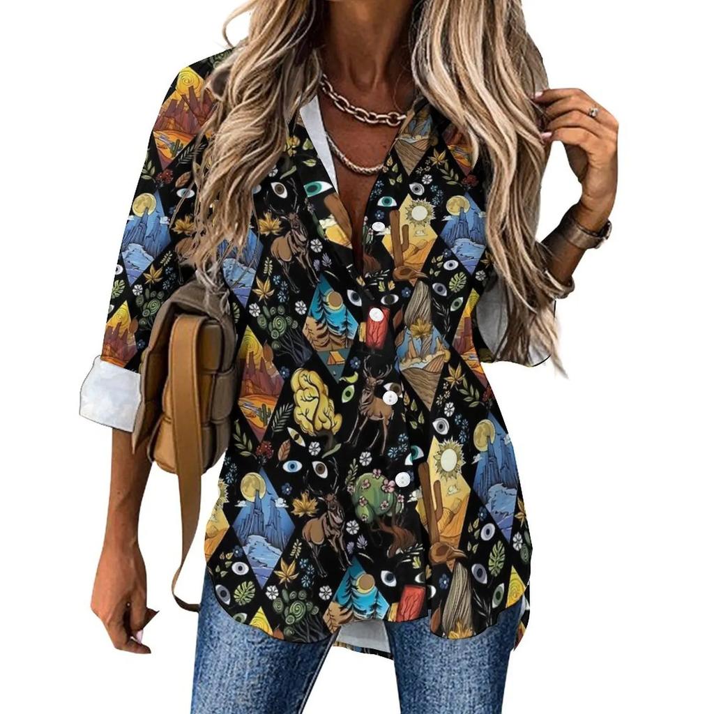 Women Street Fashion Shirt Abstract Evil Eye Casual 2025 New Spring and Autumn Blouse Long Sleeve Vintage Print Office Blouses