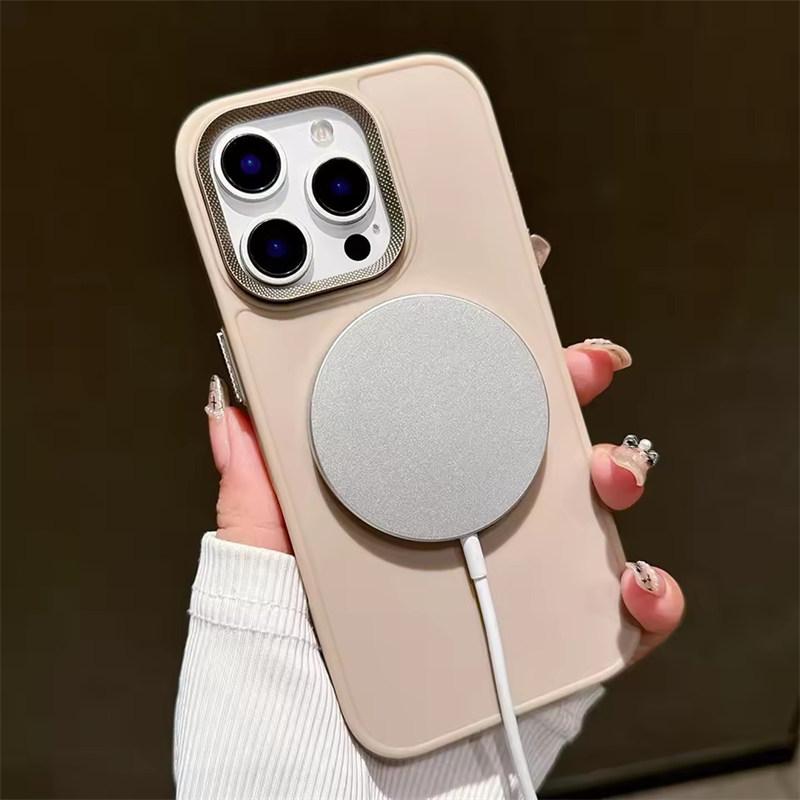 Metal lens frame magsafe charging phone case for iPhone 16 15 14 13 12 11 Pro Max magnetic liquid silicon back cover