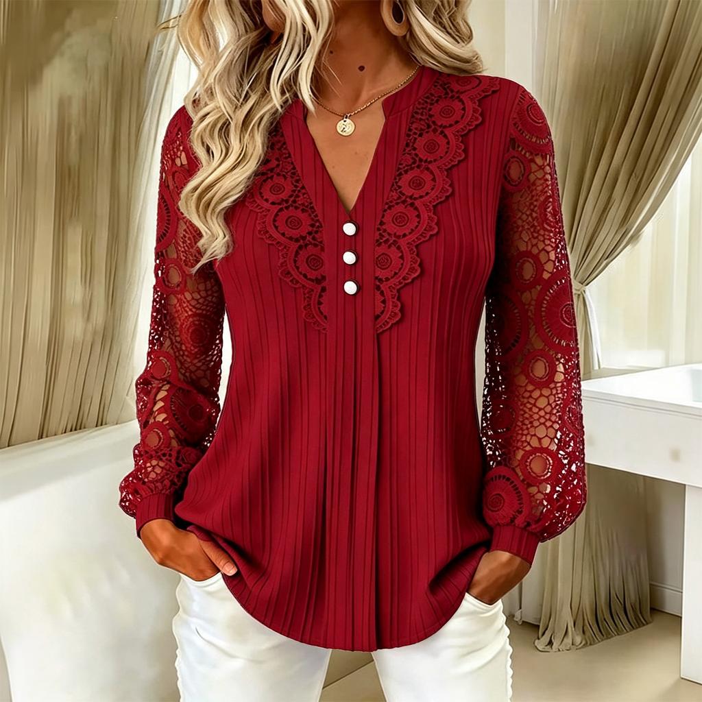 Women's Casual Lace V-Neck Long Sleeve T-Shirt Elegant Top for Everyday Wear