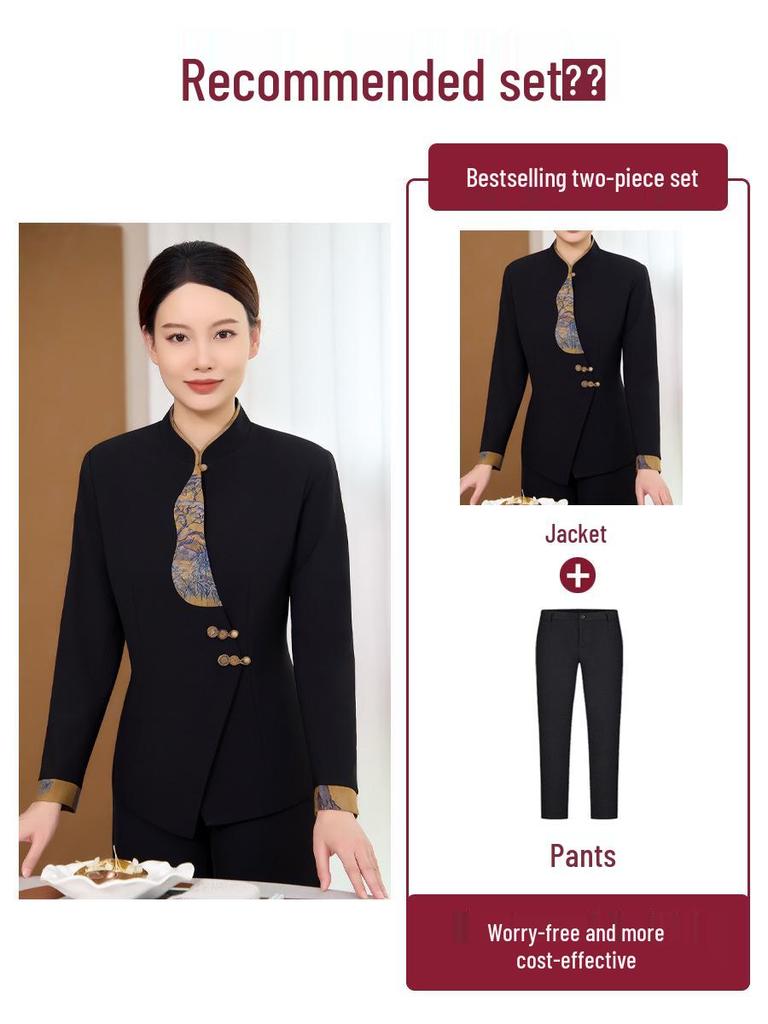 Chinese Restaurant Waiter Uniform - Long Sleeve for Autumn/Winter, Ideal for Hotel and Hot Pot Restaurants Front Desk Staff.