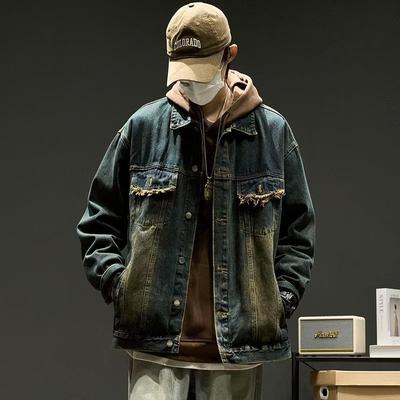 Džínová bunda pánská americká high street trendy značka retro top sepraná volná bunda Ruffian